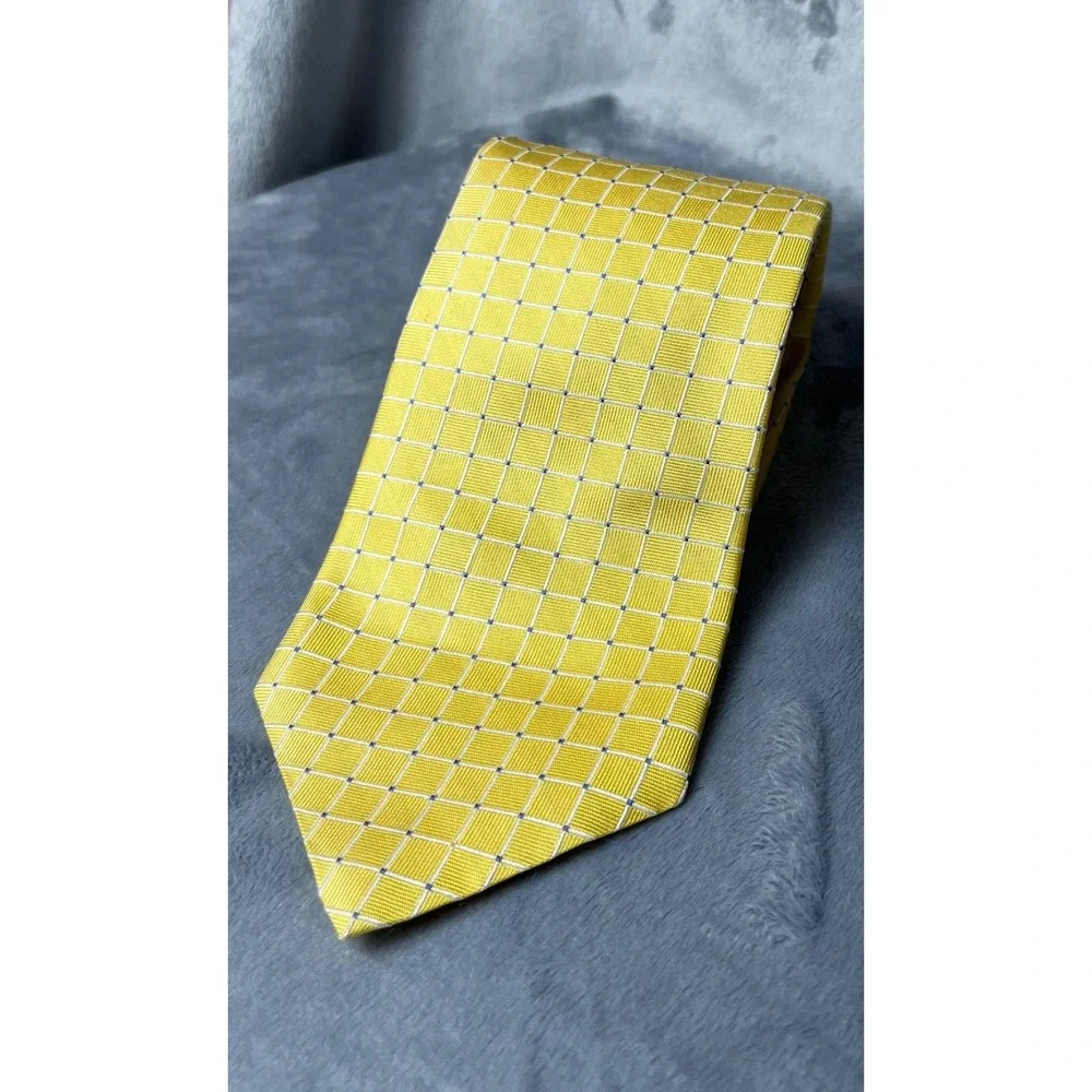 Brooks Brothers 346 Mens Silk Tie Yellow Blue‎ Micro Check Grid Stain Resistant